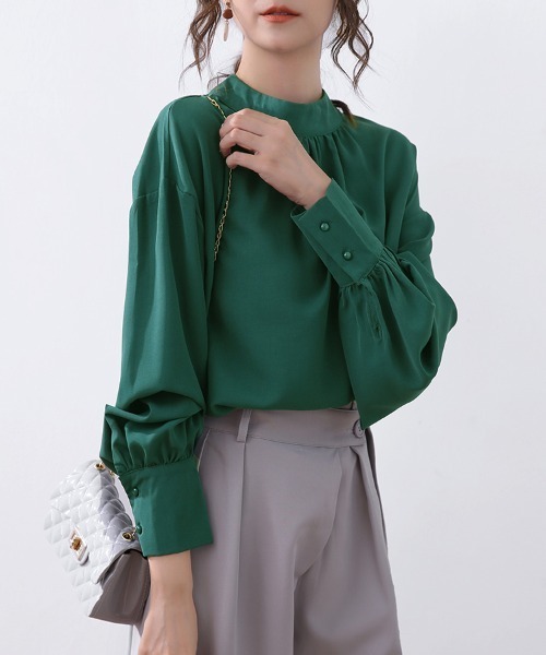 ONEP STAR(ワンピスター)の「バルーン袖スタンドカラーブラウス(シャツ/ブラウス・レディース・ライトブラウン/ブラック/ワイン/グレイッシュベージュ/ホワイト/グリーン/ライトグリーン/ベージュ・FREE)」の22枚目の写真