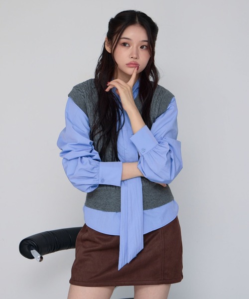 archives（アルシーヴ）の「ケーブルニットベスト×ボウブラウスＳＥＴ（ニット/セーター・レディース・ネイビー/ブラウン/グレー/チャコールグレー・MEDIUM）」の13枚目の写真