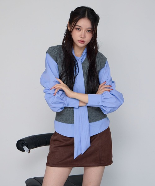 セール】ケーブルニットベスト×ボウブラウスSET（ニット/セーター