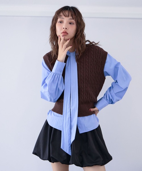 セール】ケーブルニットベスト×ボウブラウスSET（ニット/セーター