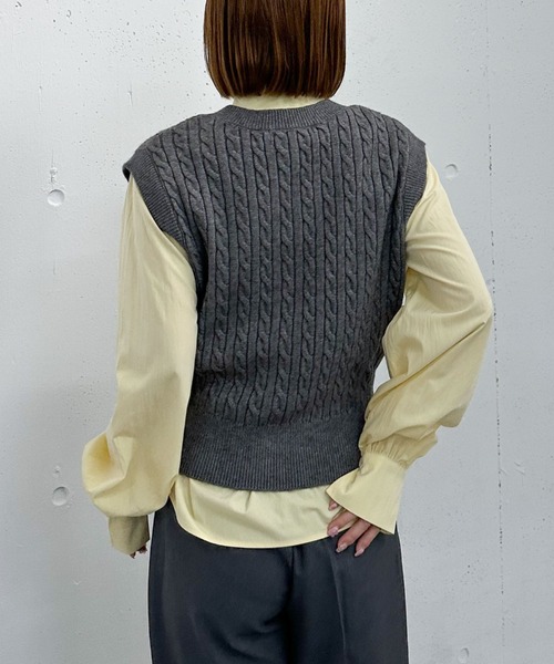 セール】ケーブルニットベスト×ボウブラウスSET（ニット/セーター