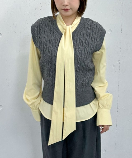 セール】ケーブルニットベスト×ボウブラウスSET（ニット/セーター