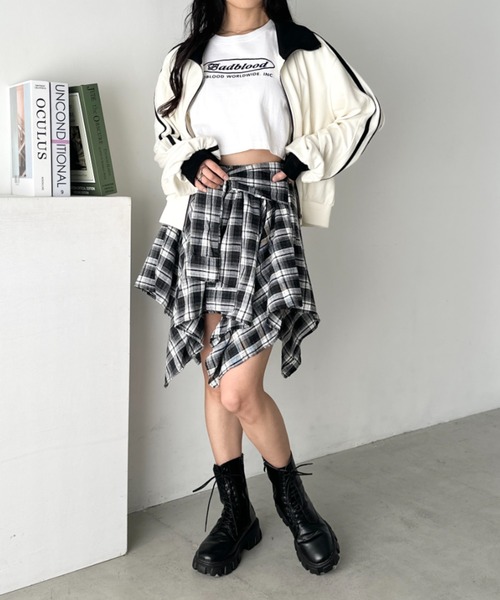 CLEA(クレア)の「チェックシャツ巻き風ミニスカート(スカート・レディース・ネイビー/オレンジ/ブラウン/レッド/ダークネイビー/ブラック・FREE)」の11枚目の写真