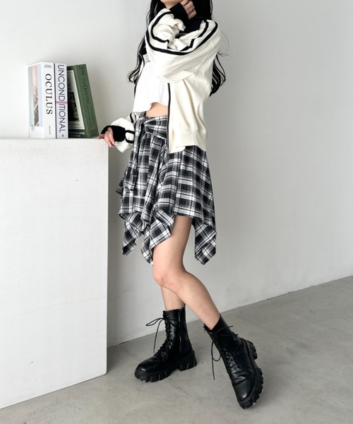 CLEA(クレア)の「チェックシャツ巻き風ミニスカート(スカート・レディース・ネイビー/オレンジ/ブラウン/レッド/ダークネイビー/ブラック・FREE)」の12枚目の写真