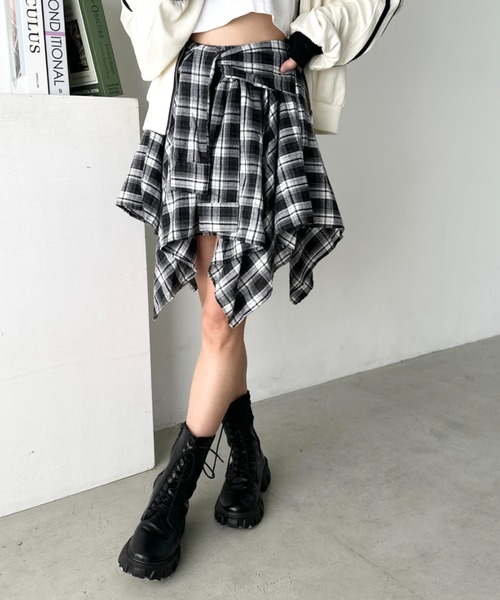 CLEA(クレア)の「チェックシャツ巻き風ミニスカート(スカート・レディース・ネイビー/オレンジ/ブラウン/レッド/ダークネイビー/ブラック・FREE)」の10枚目の写真
