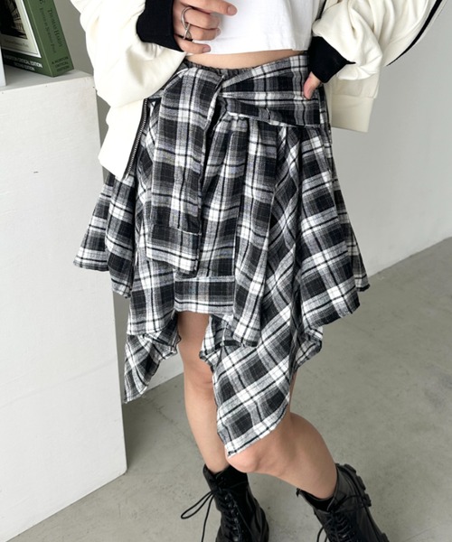 CLEA(クレア)の「チェックシャツ巻き風ミニスカート(スカート・レディース・ネイビー/オレンジ/ブラウン/レッド/ダークネイビー/ブラック・FREE)」の7枚目の写真