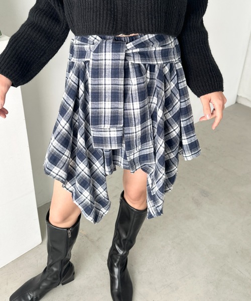CLEA(クレア)の「チェックシャツ巻き風ミニスカート(スカート・レディース・ネイビー/オレンジ/ブラウン/レッド/ダークネイビー/ブラック・FREE)」の19枚目の写真