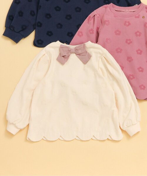 apres les cours（アプレレクール）の「【ジュニア対応】フラワージャガードスカラップTシャツ（Tシャツ/カットソー・キッズ・ピンク/ネイビー/クリーム・80/90/100/110/120/130/140）」の2枚目の写真