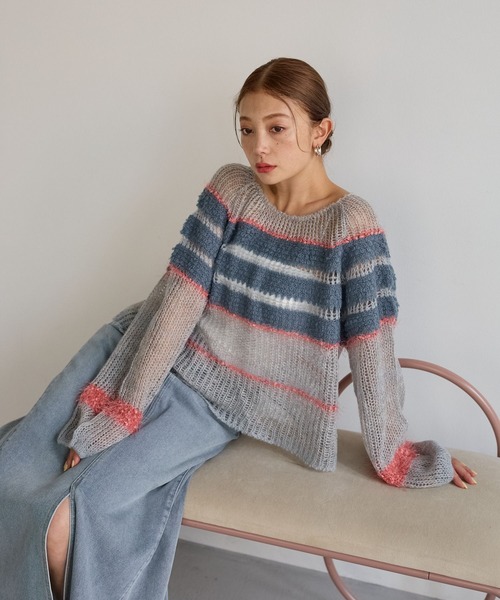 BAYFLOW（ベイフロー）の「[WEB限定]マルチボーダーニットプルオーバー（ニット/セーター・レディース・ブルー系/グリーン系/ピンク系・FREE）」の3枚目の写真