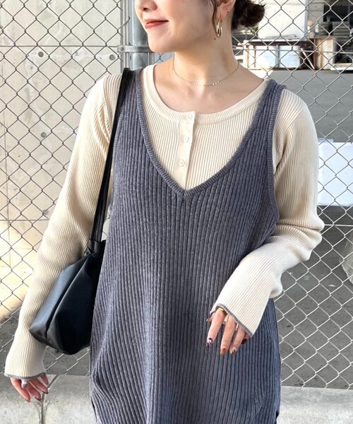 CIAOPANIC TYPY(チャオパニックティピー)の「ヘンリーネック配色アンチピリングニット(ニット/セーター・レディース・ライトグレー/キャメル/オフホワイト/グレー/ブラック/ダークブラウン・ONE SIZE)」の9枚目の写真