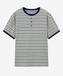 TNGT（ティーエヌジーティー）の「Stripe Henley Neck T-shirt (Navy) TNTS5E217N2（Tシャツ/カットソー）」