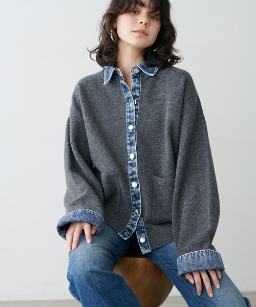 LARUTA】ニット×デニムコンビネーションカーディガン（カーディガン