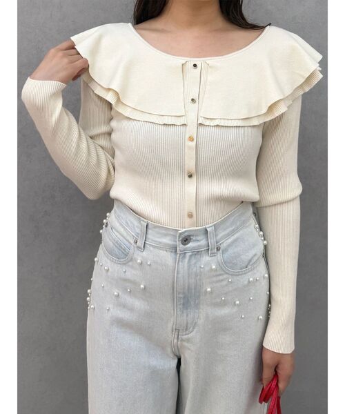 MERCURYDUO(マーキュリーデュオ)の「編み変化ラッフルコンパクト(ニット/セーター・レディース・アイボリー/チャコールグレー/ブラック/ミント/ベージュ・FREE)」の2枚目の写真