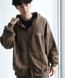 THRASHER | 【THRASHER/スラッシャー】裏毛 ピグメント加工 ダメージデニムアップリケ刺繍 ダブルジップアップパーカー※Sサイズのみショート丈デザイン※(パーカー)