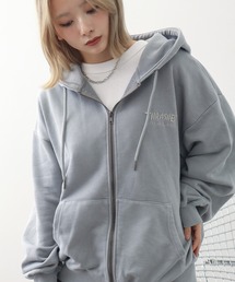 【THRASHER/スラッシャー】裏毛 ピグメント加工 ダメージデニムアップリケ刺繍 ダブルジップアップパーカー※Sサイズのみショート丈デザイン※
