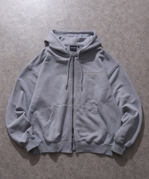 THRASHER(スラッシャー)の「【THRASHER/スラッシャー】裏毛 ピグメント加工 ダメージデニムアップリケ刺繍 ダブルジップアップパーカー※Sサイズのみショート丈デザイン※(パーカー・メンズ・チャコール/ブラウン/ピンク/グレー・L/M/XL/S-Short)」の5枚目の写真