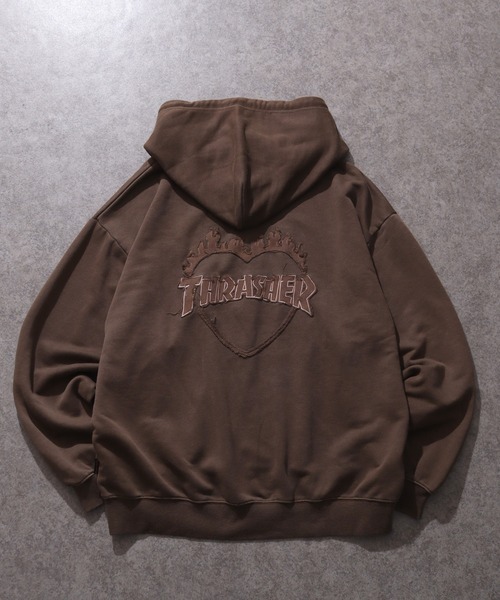 THRASHER(スラッシャー)の「【THRASHER/スラッシャー】裏毛 ピグメント加工 ダメージデニムアップリケ刺繍 ダブルジップアップパーカー※Sサイズのみショート丈デザイン※(パーカー・メンズ・チャコール/ブラウン/ピンク/グレー・L/M/XL/S-Short)」の8枚目の写真