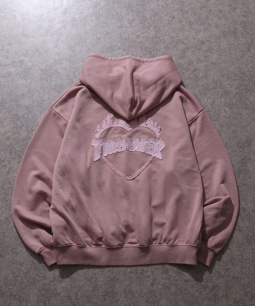 THRASHER(スラッシャー)の「【THRASHER/スラッシャー】裏毛 ピグメント加工 ダメージデニムアップリケ刺繍 ダブルジップアップパーカー※Sサイズのみショート丈デザイン※(パーカー・メンズ・チャコール/ブラウン/ピンク/グレー・L/M/XL/S-Short)」の10枚目の写真