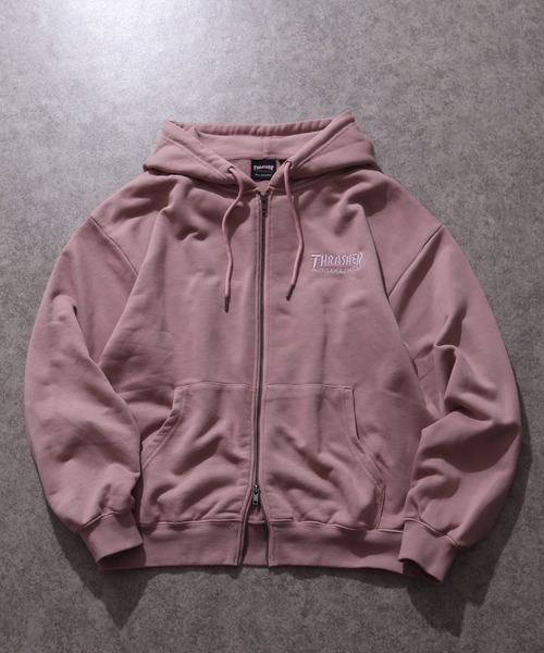 THRASHER(スラッシャー)の「【THRASHER/スラッシャー】裏毛 ピグメント加工 ダメージデニムアップリケ刺繍 ダブルジップアップパーカー※Sサイズのみショート丈デザイン※(パーカー・メンズ・チャコール/ブラウン/ピンク/グレー・L/M/XL/S-Short)」の9枚目の写真