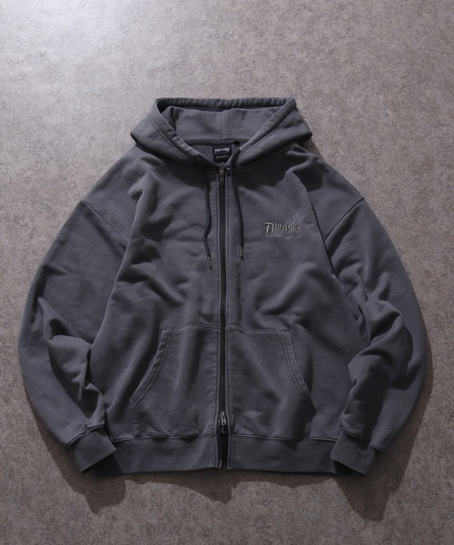 THRASHER(スラッシャー)の「【THRASHER/スラッシャー】裏毛 ピグメント加工 ダメージデニムアップリケ刺繍 ダブルジップアップパーカー※Sサイズのみショート丈デザイン※(パーカー・メンズ・チャコール/ブラウン/ピンク/グレー・L/M/XL/S-Short)」の6枚目の写真