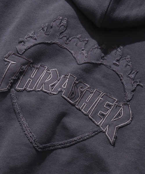 THRASHER(スラッシャー)の「【THRASHER/スラッシャー】裏毛 ピグメント加工 ダメージデニムアップリケ刺繍 ダブルジップアップパーカー※Sサイズのみショート丈デザイン※(パーカー・メンズ・チャコール/ブラウン/ピンク/グレー・L/M/XL/S-Short)」の13枚目の写真