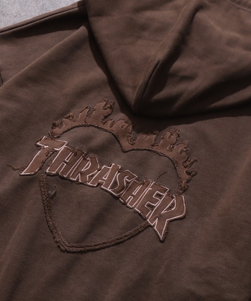 THRASHER(スラッシャー)の「【THRASHER/スラッシャー】裏毛 ピグメント加工 ダメージデニムアップリケ刺繍 ダブルジップアップパーカー※Sサイズのみショート丈デザイン※(パーカー・メンズ・チャコール/ブラウン/ピンク/グレー・L/M/XL/S-Short)」の14枚目の写真