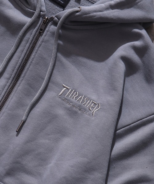 THRASHER(スラッシャー)の「【THRASHER/スラッシャー】裏毛 ピグメント加工 ダメージデニムアップリケ刺繍 ダブルジップアップパーカー※Sサイズのみショート丈デザイン※(パーカー・メンズ・チャコール/ブラウン/ピンク/グレー・L/M/XL/S-Short)」の11枚目の写真