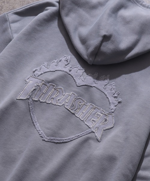 THRASHER(スラッシャー)の「【THRASHER/スラッシャー】裏毛 ピグメント加工 ダメージデニムアップリケ刺繍 ダブルジップアップパーカー※Sサイズのみショート丈デザイン※(パーカー・メンズ・チャコール/ブラウン/ピンク/グレー・L/M/XL/S-Short)」の12枚目の写真