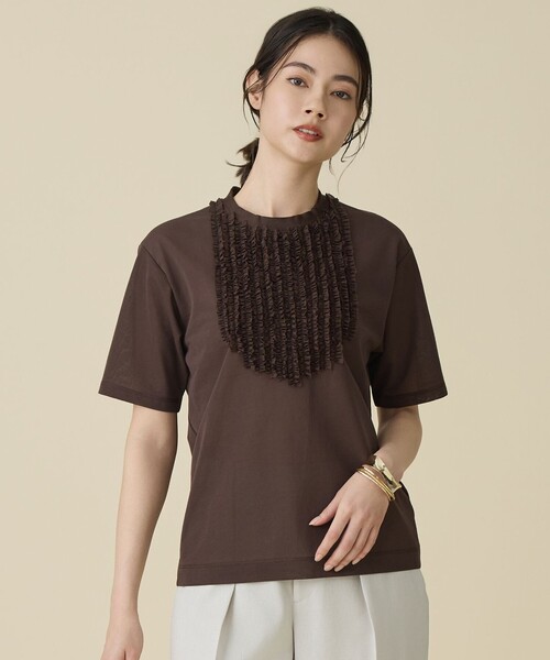自由区(ジユウク)の「シアーフリルジャージー カットソー(Tシャツ/カットソー・レディース・アイボリー系/ダークブラウン系・40/38)」の2枚目の写真