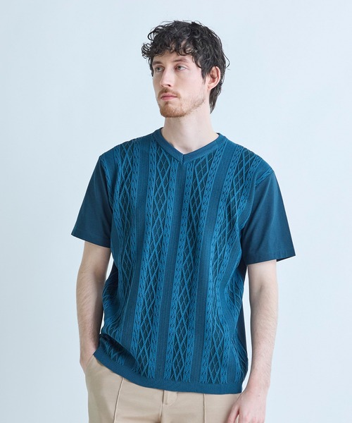 MEN'S BIGI（メンズビギ）の「アラン調 ニットコンビTシャツ（Tシャツ/カットソー・メンズ・ブルー/ブラック/オフホワイト・04/03/02/01）」の3枚目の写真