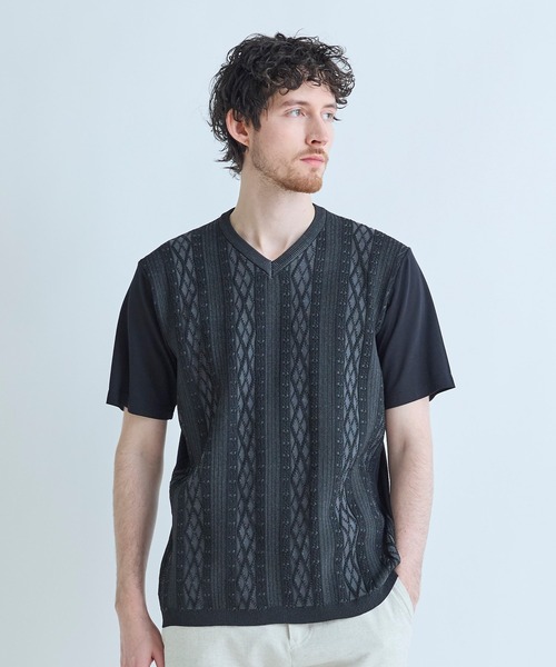 MEN'S BIGI（メンズビギ）の「アラン調 ニットコンビTシャツ（Tシャツ/カットソー・メンズ・ブルー/ブラック/オフホワイト・04/03/02/01）」の2枚目の写真