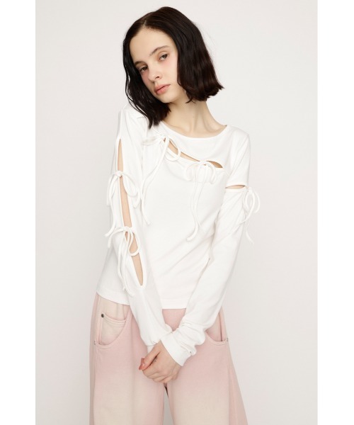 SLY(スライ)の「CUT OUT RIBBON TOPS カットアウトリボントップス 春服(Tシャツ/カットソー・レディース・ライトパープル/ブラック/オフホワイト・FREE)」の6枚目の写真