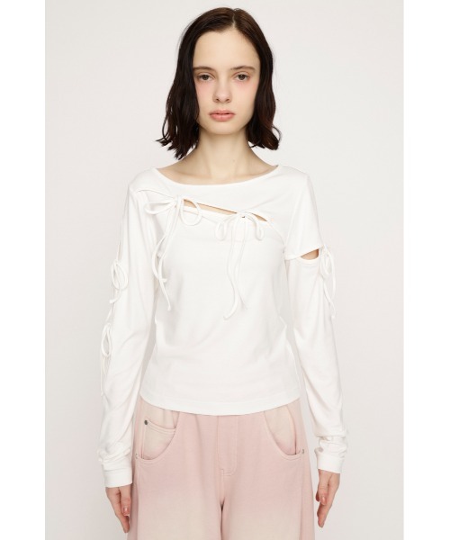 SLY(スライ)の「CUT OUT RIBBON TOPS カットアウトリボントップス 春服(Tシャツ/カットソー・レディース・ライトパープル/ブラック/オフホワイト・FREE)」の7枚目の写真