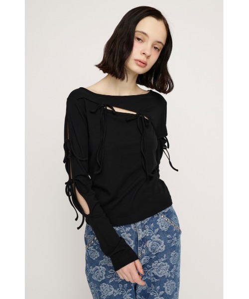 SLY(スライ)の「CUT OUT RIBBON TOPS カットアウトリボントップス 春服(Tシャツ/カットソー・レディース・ライトパープル/ブラック/オフホワイト・FREE)」の8枚目の写真
