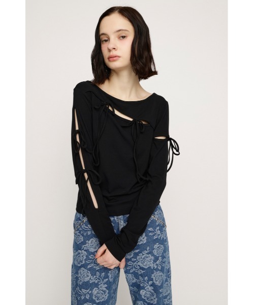 SLY(スライ)の「CUT OUT RIBBON TOPS カットアウトリボントップス 春服(Tシャツ/カットソー・レディース・ライトパープル/ブラック/オフホワイト・FREE)」の10枚目の写真