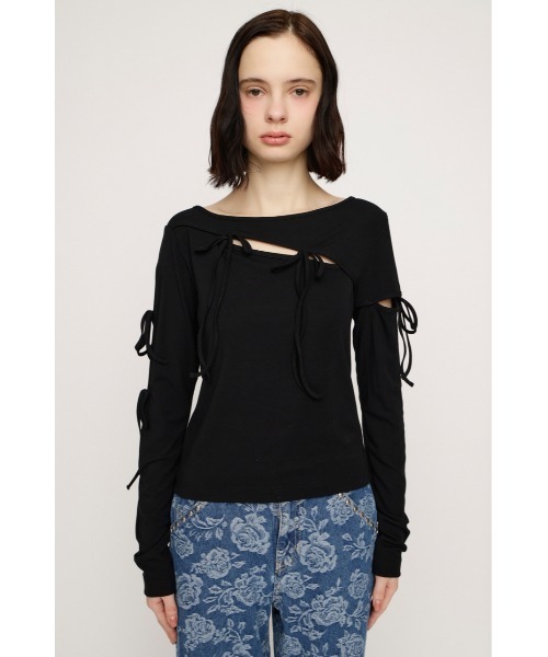 SLY(スライ)の「CUT OUT RIBBON TOPS カットアウトリボントップス 春服(Tシャツ/カットソー・レディース・ライトパープル/ブラック/オフホワイト・FREE)」の11枚目の写真