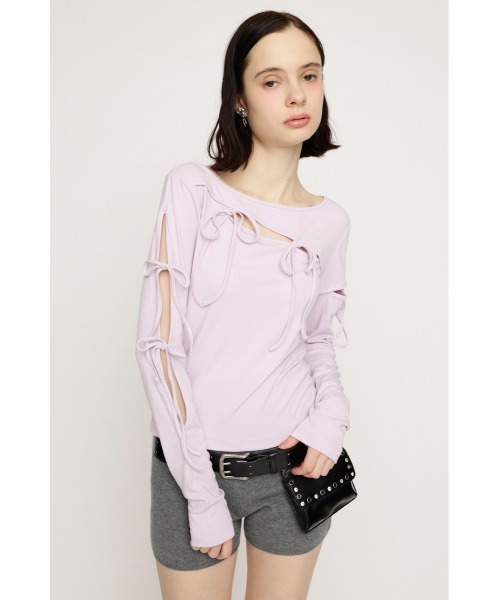 SLY(スライ)の「CUT OUT RIBBON TOPS カットアウトリボントップス 春服(Tシャツ/カットソー・レディース・ライトパープル/ブラック/オフホワイト・FREE)」の12枚目の写真