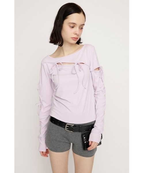 SLY(スライ)の「CUT OUT RIBBON TOPS カットアウトリボントップス 春服(Tシャツ/カットソー・レディース・ライトパープル/ブラック/オフホワイト・FREE)」の14枚目の写真