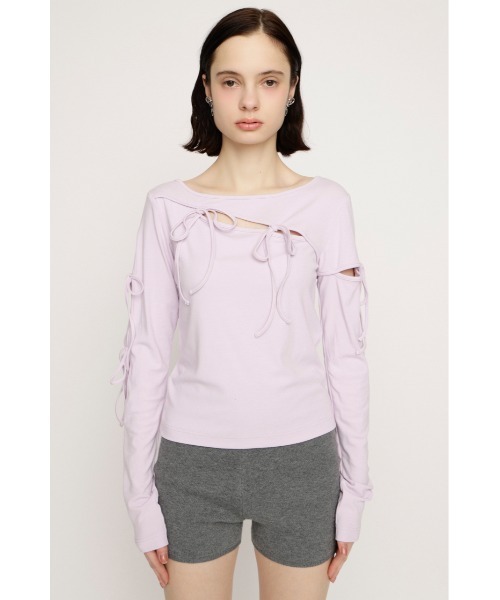 SLY(スライ)の「CUT OUT RIBBON TOPS カットアウトリボントップス 春服(Tシャツ/カットソー・レディース・ライトパープル/ブラック/オフホワイト・FREE)」の15枚目の写真
