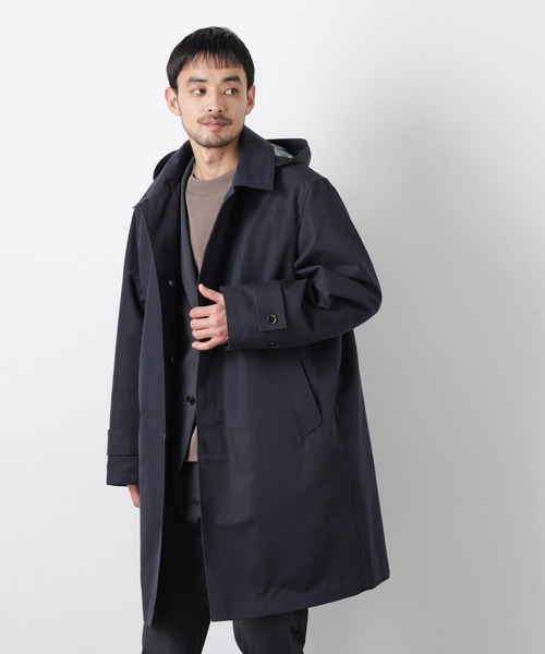 NANO universe(ナノユニバース)の「フーデッドステンカラーコート「WARP PRINT」ライニング(ステンカラーコート・メンズ・カーキ/ベージュ/ネイビー・S/M/L)」の3枚目の写真