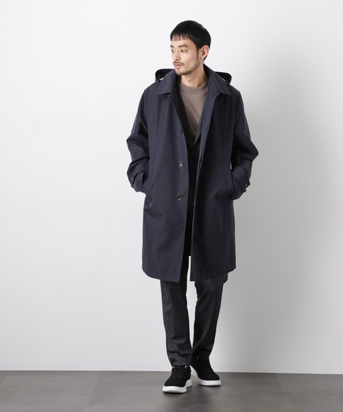 NANO universe(ナノユニバース)の「フーデッドステンカラーコート「WARP PRINT」ライニング(ステンカラーコート・メンズ・カーキ/ベージュ/ネイビー・S/M/L)」の21枚目の写真