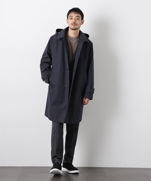 NANO universe(ナノユニバース)の「フーデッドステンカラーコート「WARP PRINT」ライニング(ステンカラーコート・メンズ・カーキ/ベージュ/ネイビー・S/M/L)」の22枚目の写真