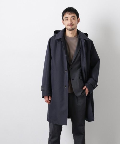 NANO universe(ナノユニバース)の「フーデッドステンカラーコート「WARP PRINT」ライニング(ステンカラーコート・メンズ・カーキ/ベージュ/ネイビー・S/M/L)」の18枚目の写真