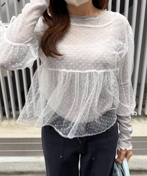 mebole(メボレ)の「パフスリーブドットシアートップス(Tシャツ/カットソー・レディース・ブラック/ホワイト・FREE)」の1枚目の写真