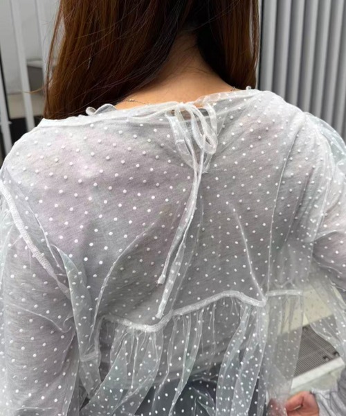 mebole(メボレ)の「パフスリーブドットシアートップス(Tシャツ/カットソー・レディース・ブラック/ホワイト・FREE)」の5枚目の写真