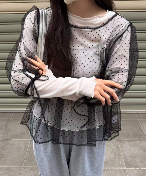 mebole(メボレ)の「パフスリーブドットシアートップス(Tシャツ/カットソー・レディース・ブラック/ホワイト・FREE)」の11枚目の写真