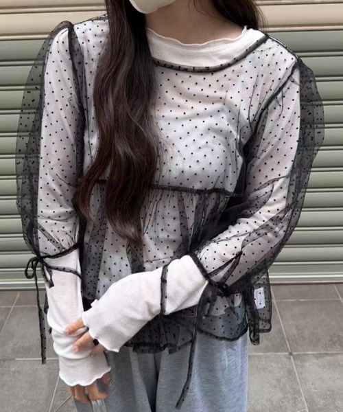 mebole(メボレ)の「パフスリーブドットシアートップス(Tシャツ/カットソー・レディース・ブラック/ホワイト・FREE)」の14枚目の写真