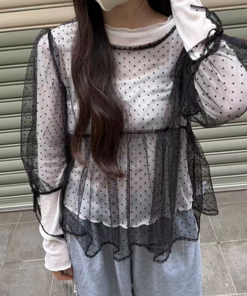 mebole(メボレ)の「パフスリーブドットシアートップス(Tシャツ/カットソー・レディース・ブラック/ホワイト・FREE)」の15枚目の写真