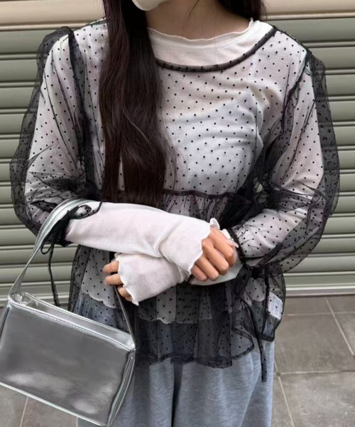mebole(メボレ)の「パフスリーブドットシアートップス(Tシャツ/カットソー・レディース・ブラック/ホワイト・FREE)」の18枚目の写真