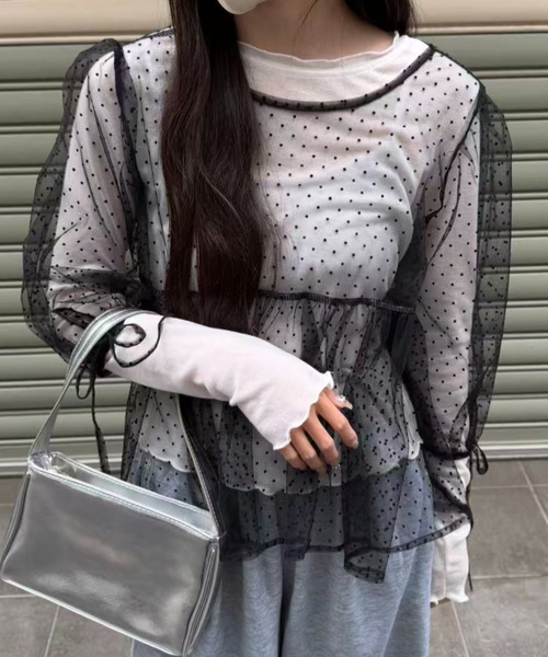 mebole(メボレ)の「パフスリーブドットシアートップス(Tシャツ/カットソー・レディース・ブラック/ホワイト・FREE)」の19枚目の写真